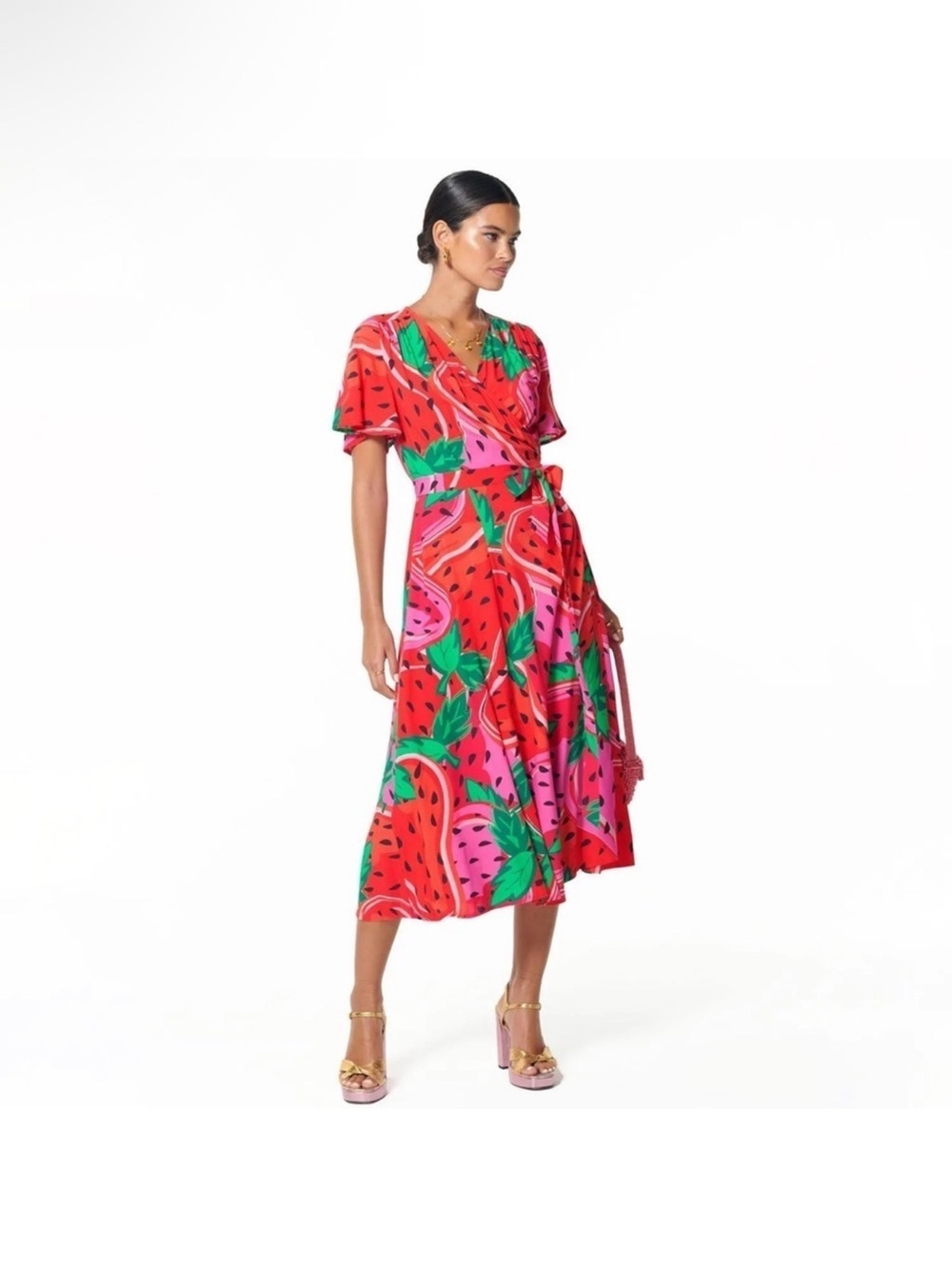 Never Fully Dressed Red & Pink Strawberry-Print Wrap Midi Dress